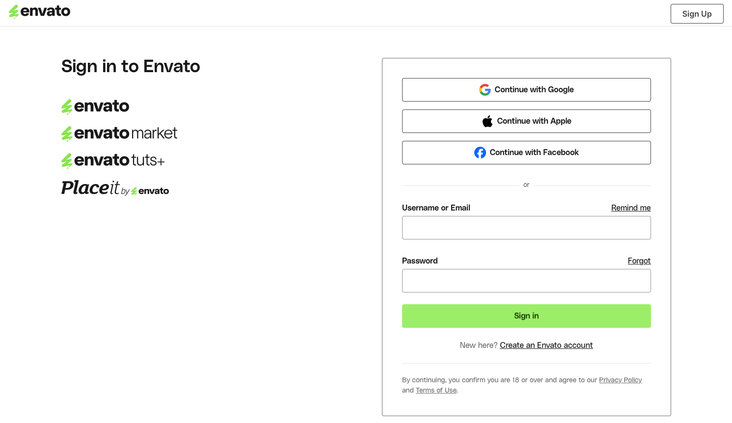 Screenshot of the official Envato login page.