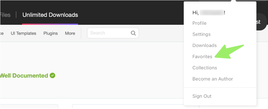 Screenshot of the profile drop-down menu showing the 'Favorites' link.