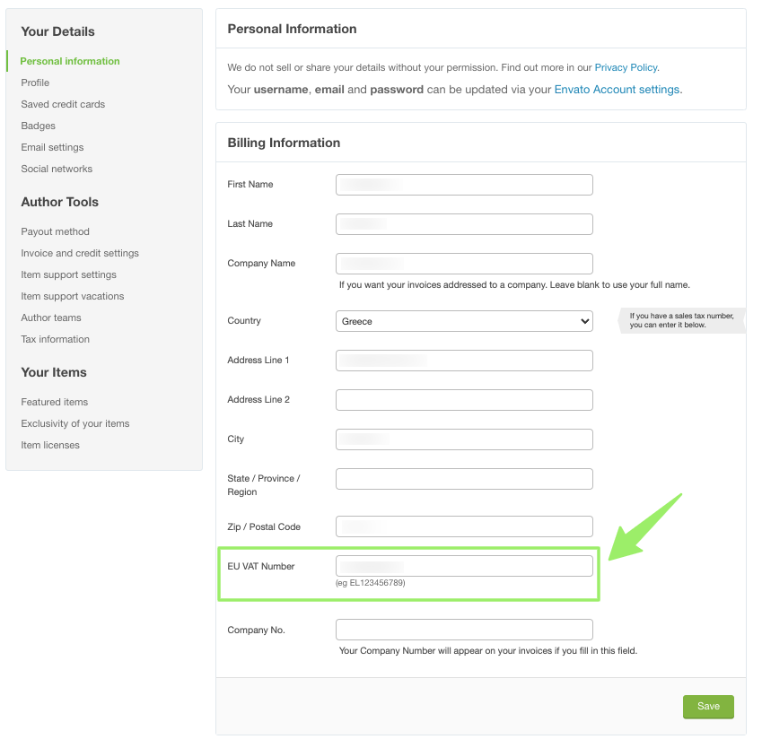 Screenshot showing where to add your VAT number.