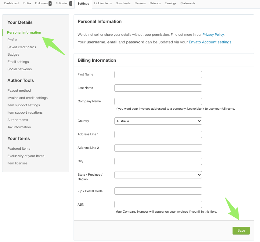 Screenshot showing the country drop-down menu in settings.